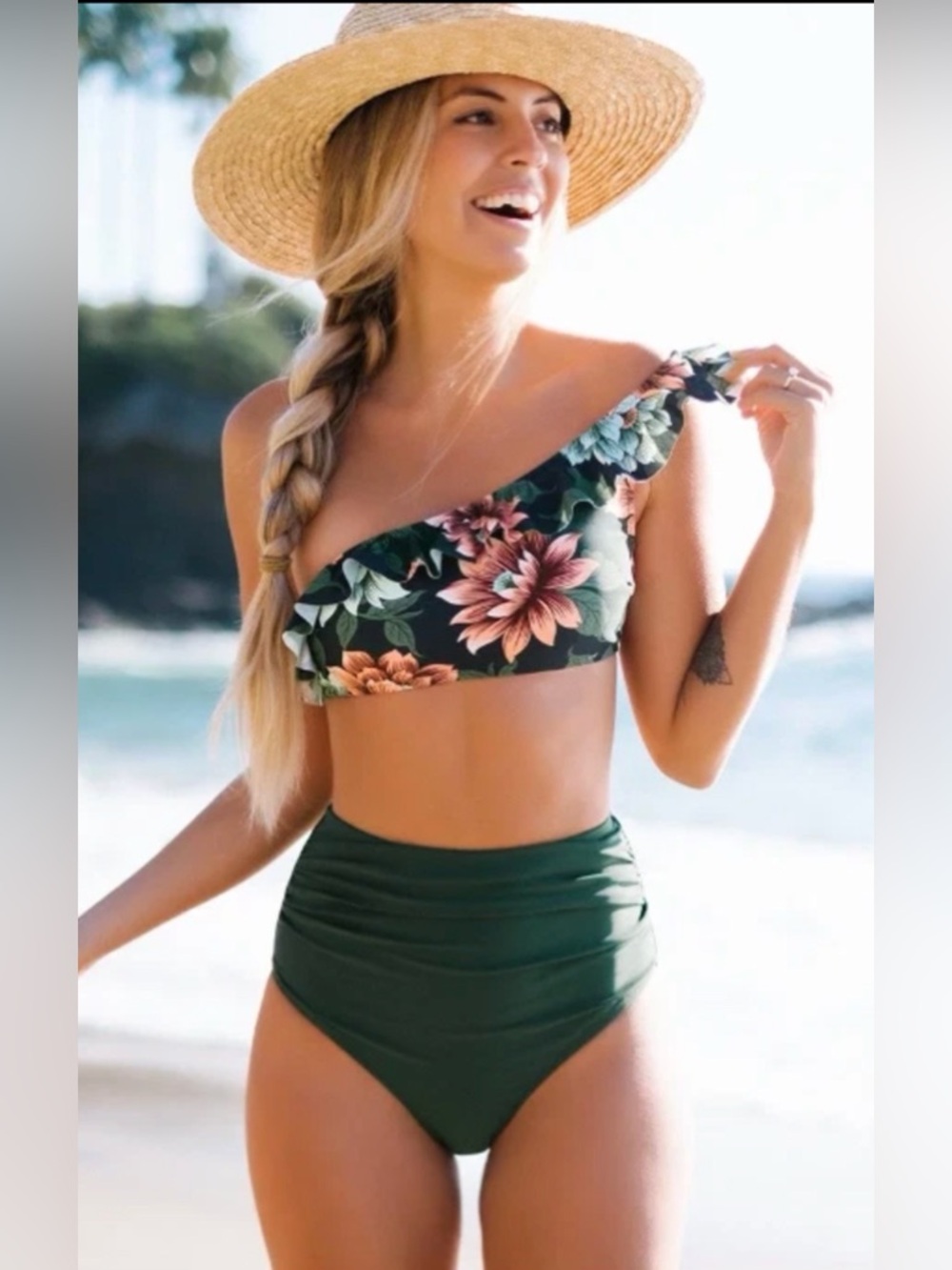Cupshe Floral One-Shoulder Green High-Waist Women’s Bikini